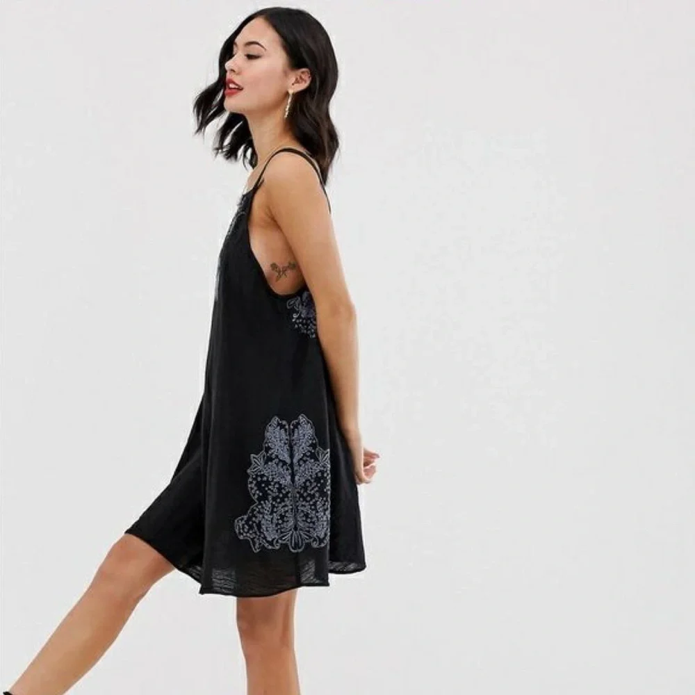 FREE PEOPLE Black Tulum Cutwork Slip Mini Dress Embroidered Sleeveless